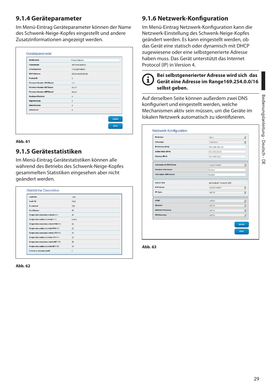 4 geräteparameter, 5 gerätestatistiken, 6 netzwerk-konfiguration | Videotec ULISSE MAXI NETCAM User Manual | Page 163 / 180