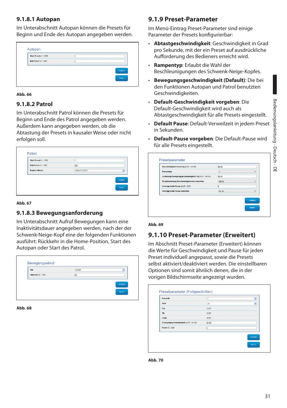 1 autopan, 2 patrol, 3 bewegungsanforderung | 9 preset-parameter, 10 preset-parameter (erweitert) | Videotec ULISSE MAXI NETCAM User Manual | Page 165 / 180