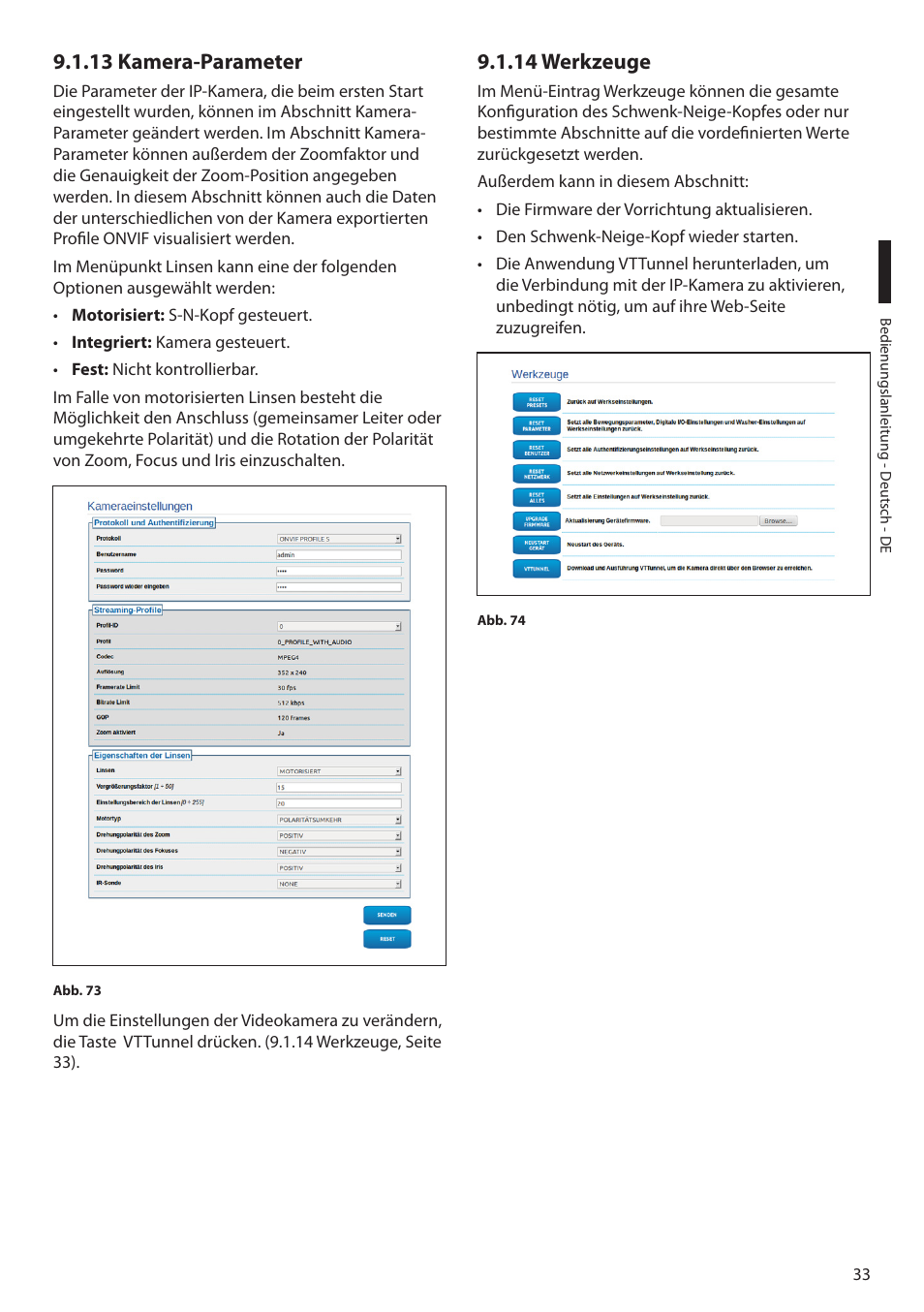 13 kamera-parameter, 14 werkzeuge, 13 kamera-parameter 9.1.14 werkzeuge | Videotec ULISSE MAXI NETCAM User Manual | Page 167 / 180