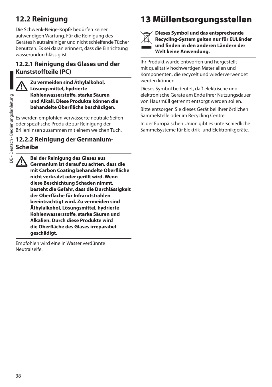 2 reinigung, 2 reinigung der germanium-scheibe, 13 müllentsorgungsstellen | Videotec ULISSE MAXI NETCAM User Manual | Page 172 / 180