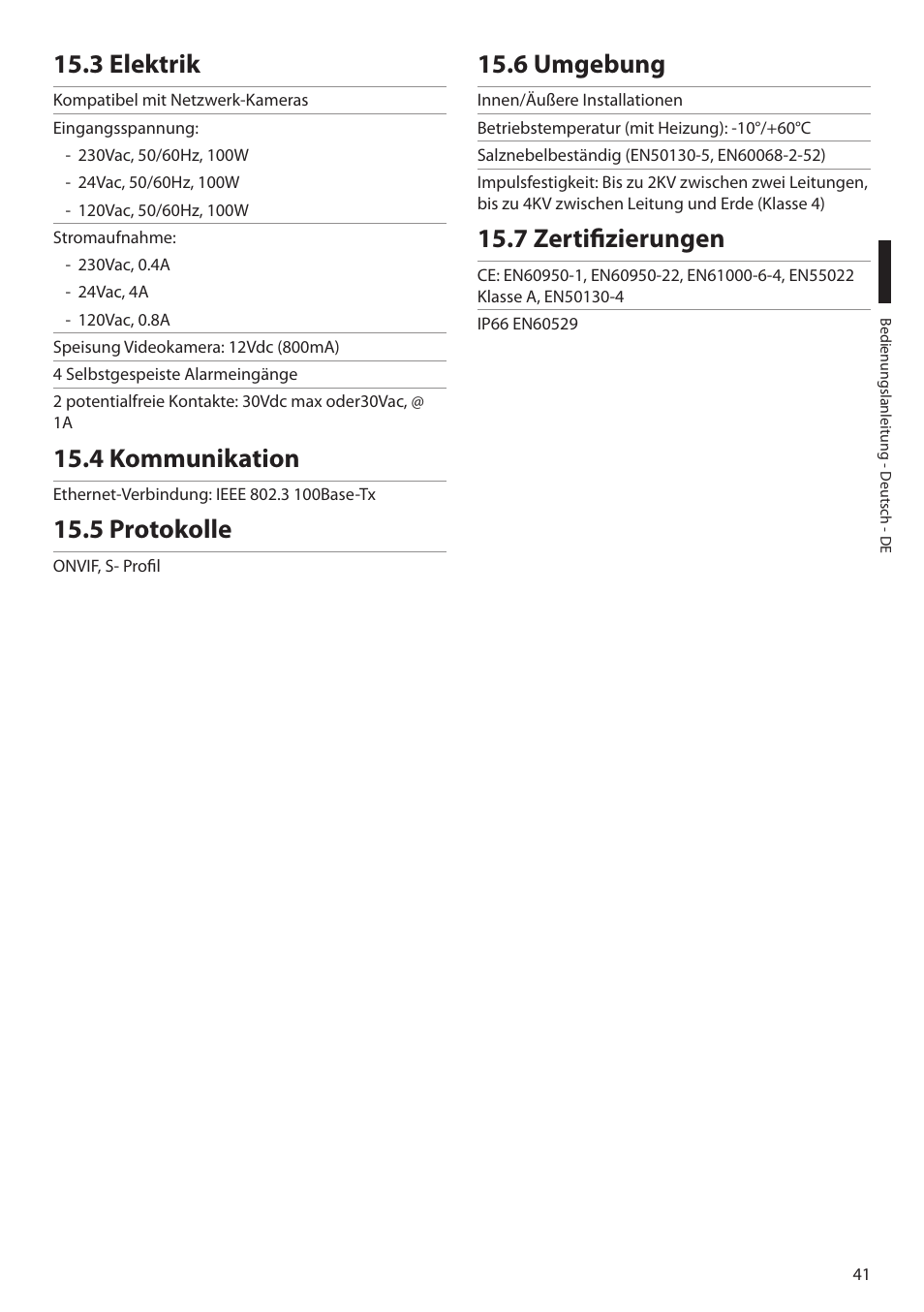 3 elektrik, 4 kommunikation, 5 protokolle | 6 umgebung, 7 zertifizierungen | Videotec ULISSE MAXI NETCAM User Manual | Page 175 / 180