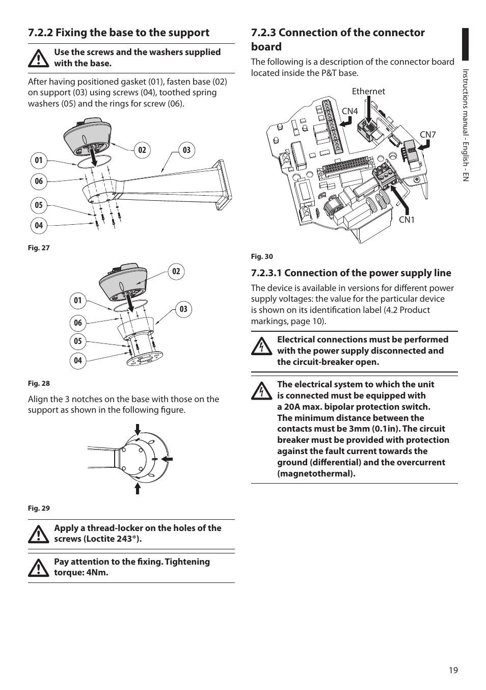 2 fixing the base to the support, 3 connection of the connector board, 1 connection of the power supply line | Videotec ULISSE MAXI NETCAM User Manual | Page 21 / 180