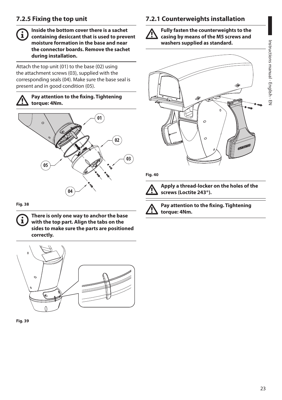 5 fixing the top unit, 1 counterweights installation | Videotec ULISSE MAXI NETCAM User Manual | Page 25 / 180