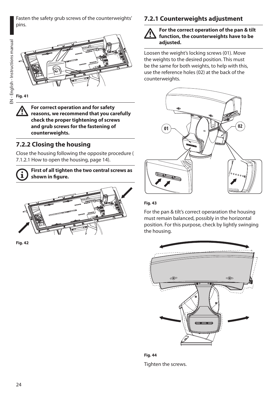 2 closing the housing, 1 counterweights adjustment | Videotec ULISSE MAXI NETCAM User Manual | Page 26 / 180