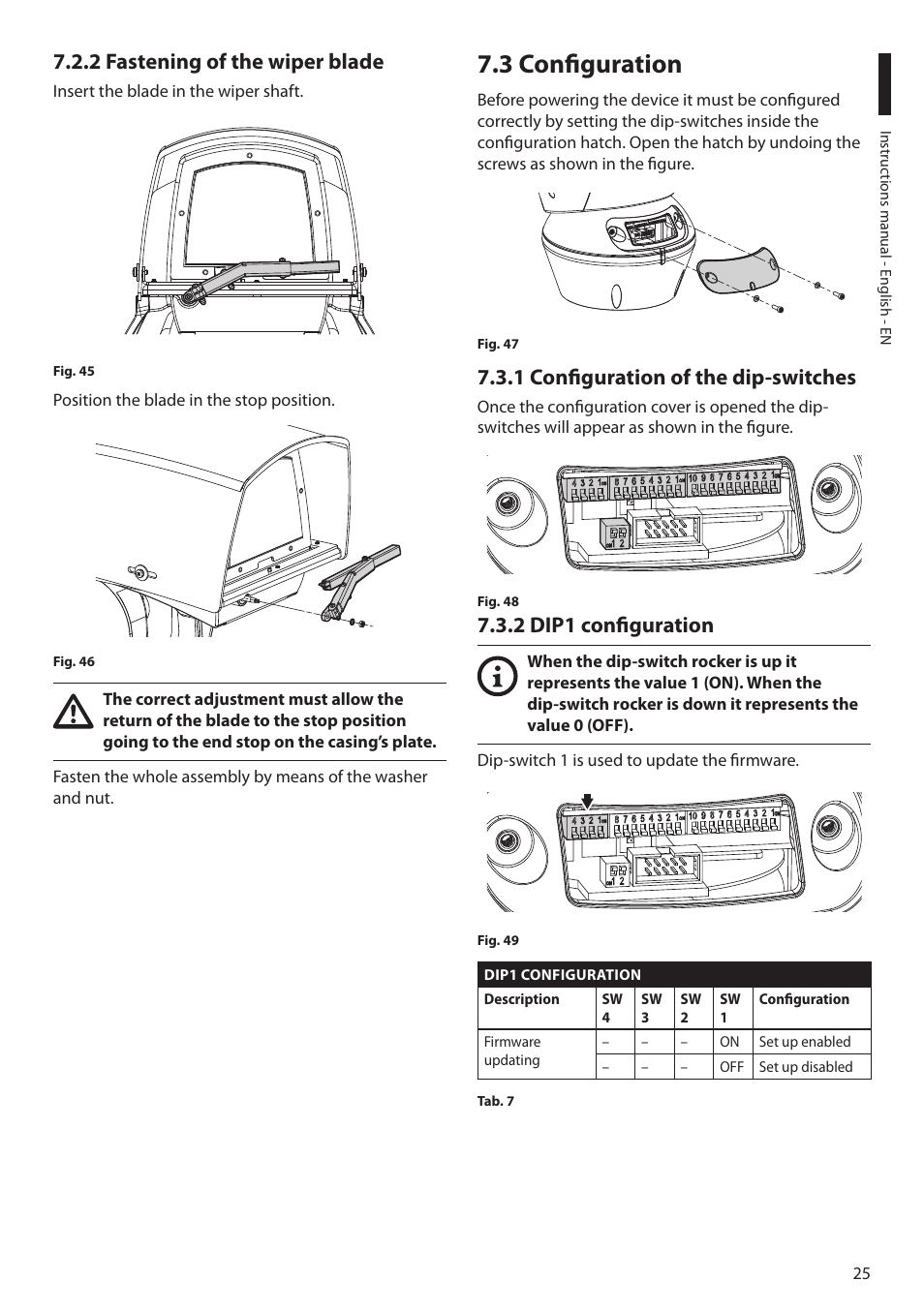 2 fastening of the wiper blade, 3 configuration, 1 configuration of the dip-switches | 2 dip1 configuration | Videotec ULISSE MAXI NETCAM User Manual | Page 27 / 180