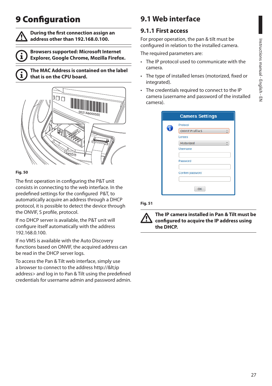 9 configuration, 1 web interface, 1 first access | Videotec ULISSE MAXI NETCAM User Manual | Page 29 / 180