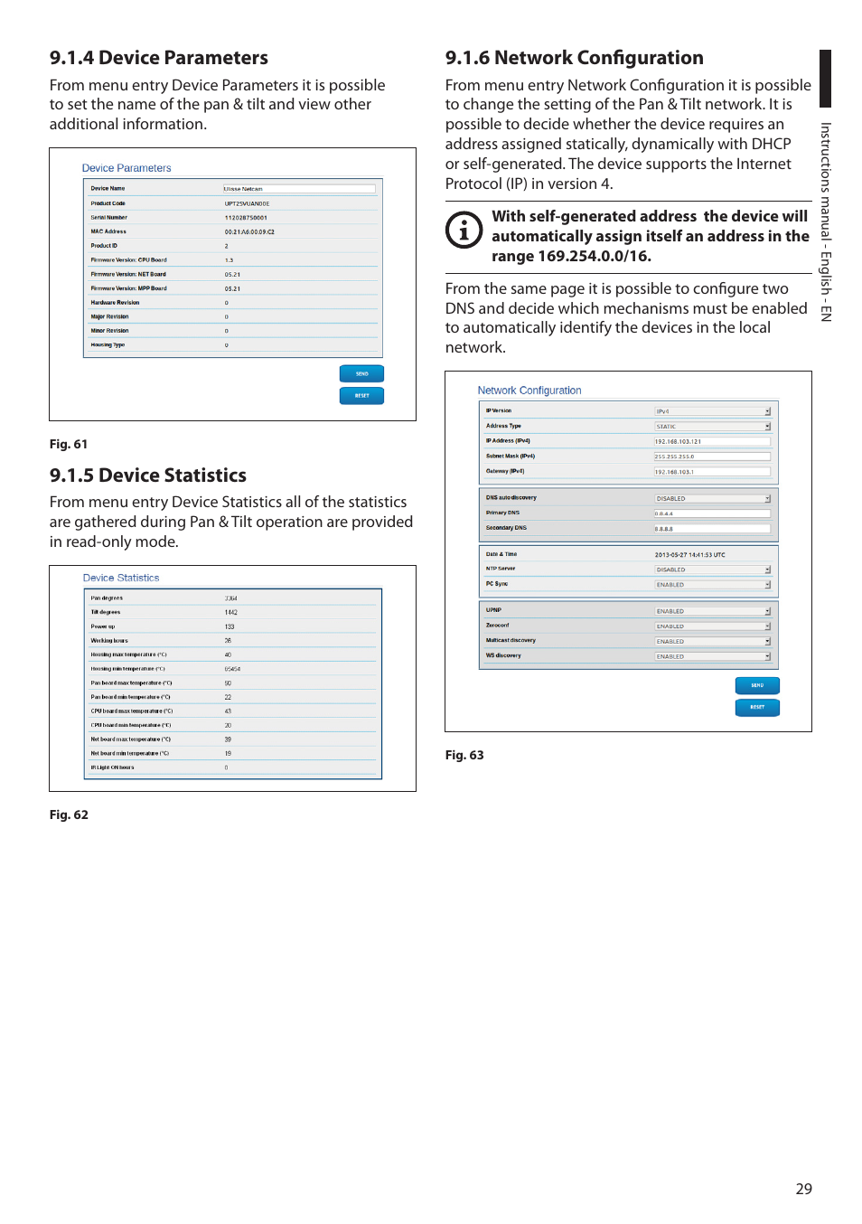 4 device parameters, 5 device statistics, 6 network configuration | Videotec ULISSE MAXI NETCAM User Manual | Page 31 / 180