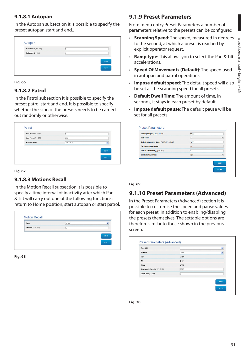 1 autopan, 2 patrol, 3 motions recall | 9 preset parameters, 10 preset parameters (advanced), 1 autopan 9.1.8.2 patrol 9.1.8.3 motions recall | Videotec ULISSE MAXI NETCAM User Manual | Page 33 / 180