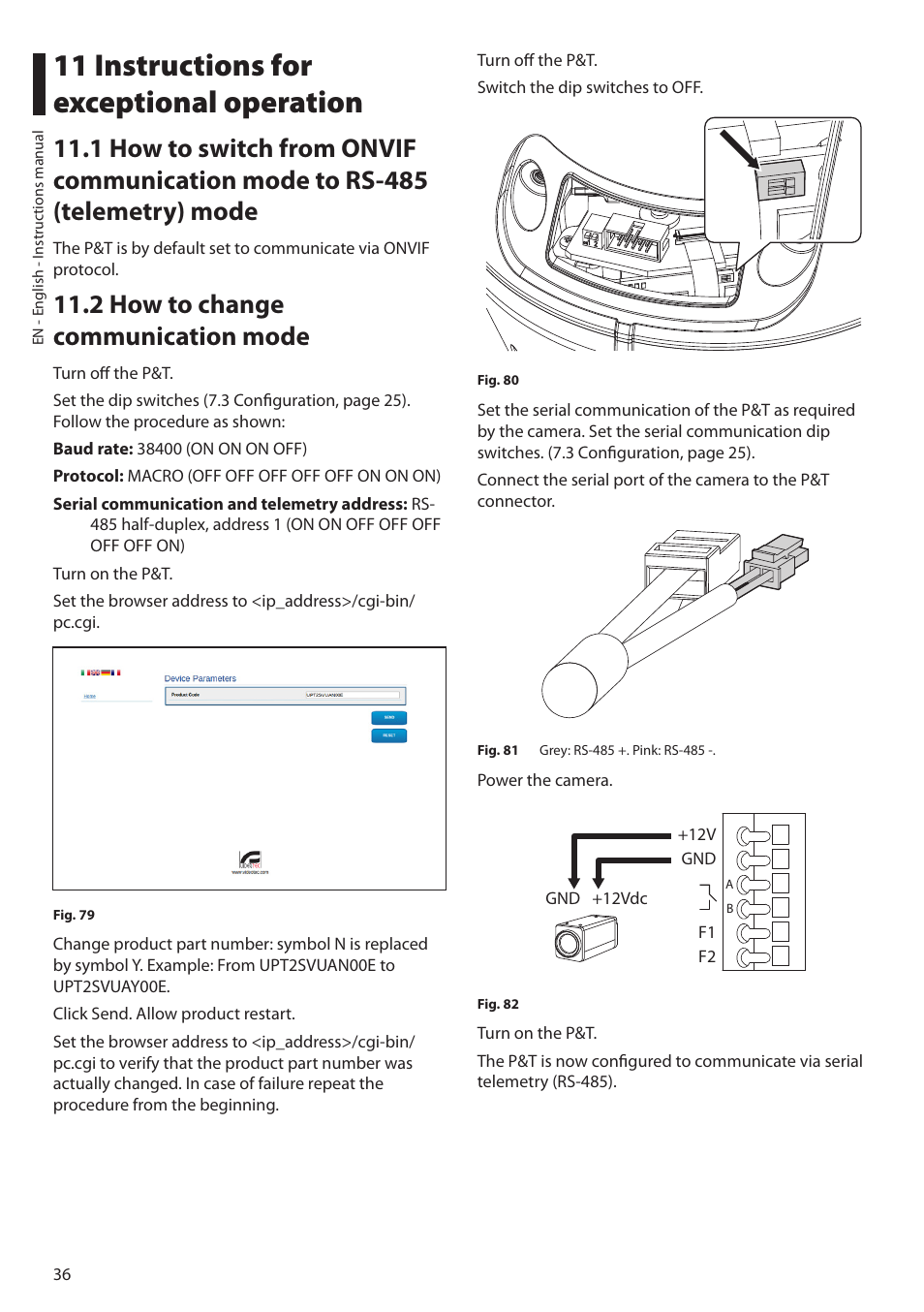 11 instructions for exceptional operation, 2 how to change communication mode | Videotec ULISSE MAXI NETCAM User Manual | Page 38 / 180