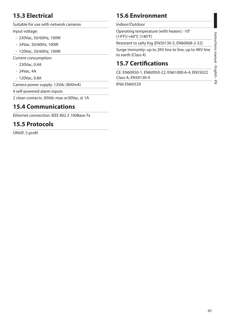 3 electrical, 4 communications, 5 protocols | 6 environment, 7 certifications | Videotec ULISSE MAXI NETCAM User Manual | Page 43 / 180