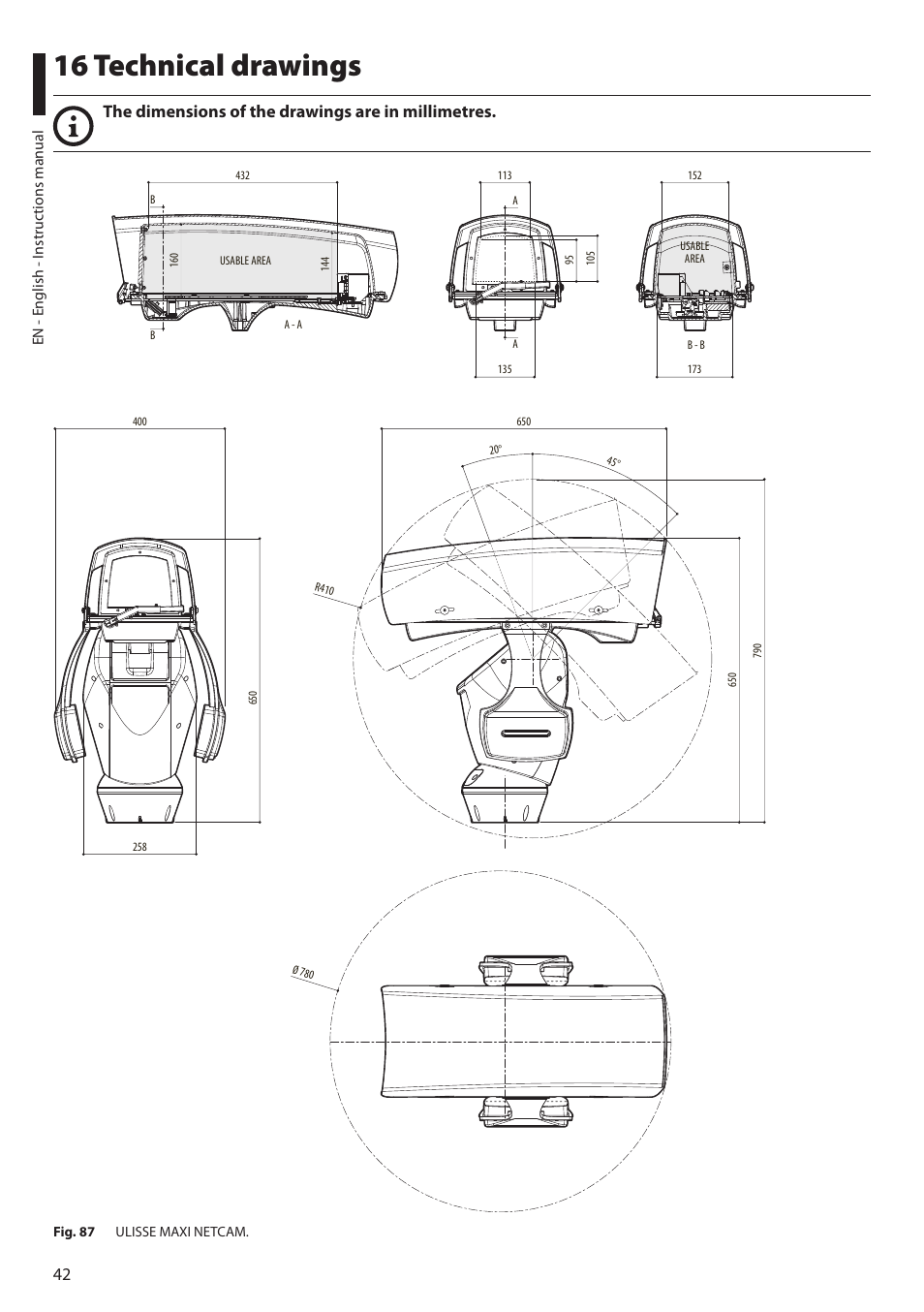 16 technical drawings, The dimensions of the drawings are in millimetres | Videotec ULISSE MAXI NETCAM User Manual | Page 44 / 180