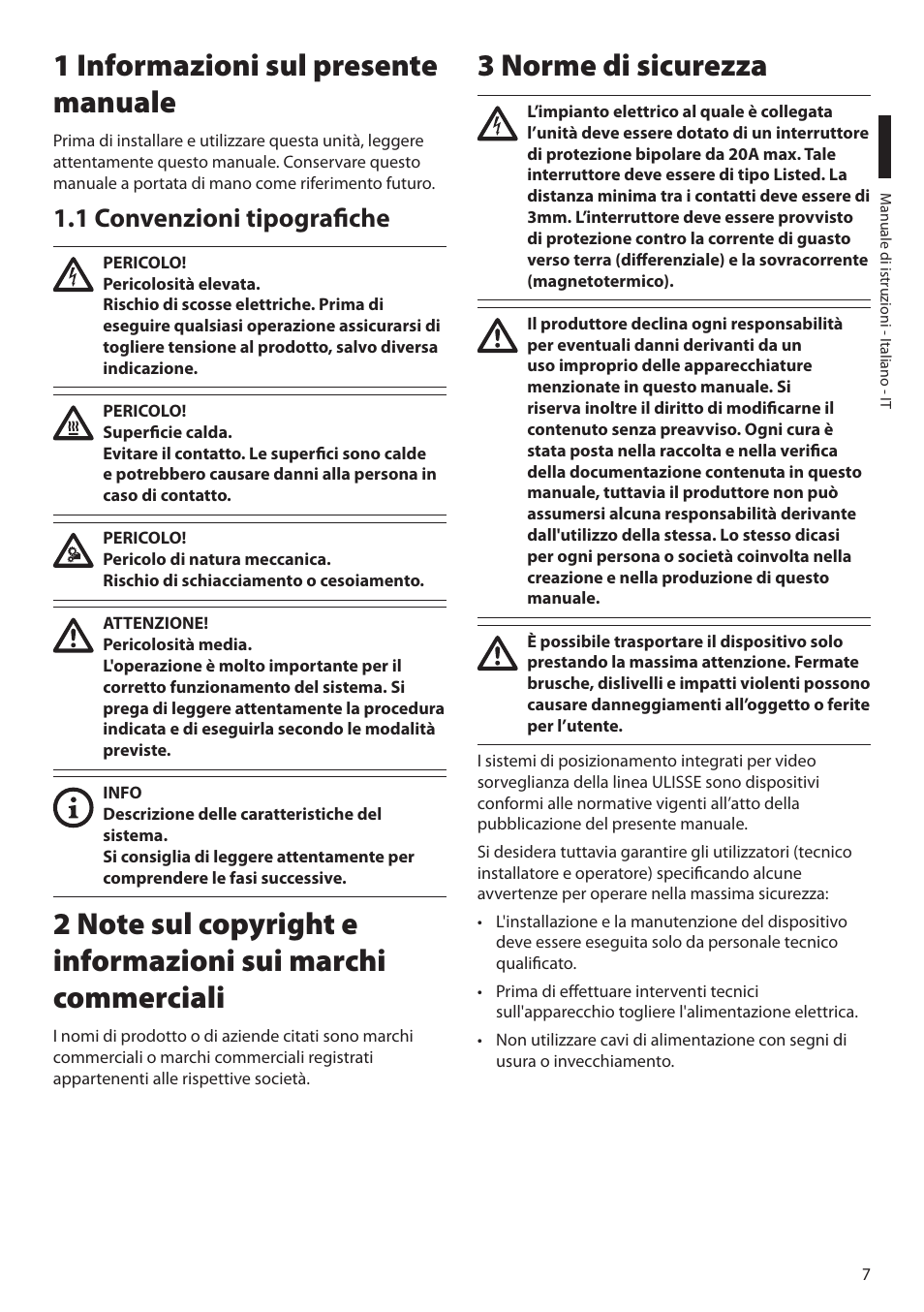 1 informazioni sul presente manuale, 1 convenzioni tipografiche, 3 norme di sicurezza | Videotec ULISSE MAXI NETCAM User Manual | Page 53 / 180