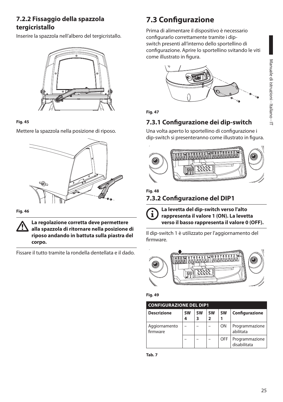 2 fissaggio della spazzola tergicristallo, 3 configurazione, 1 configurazione dei dip-switch | 2 configurazione del dip1 | Videotec ULISSE MAXI NETCAM User Manual | Page 71 / 180