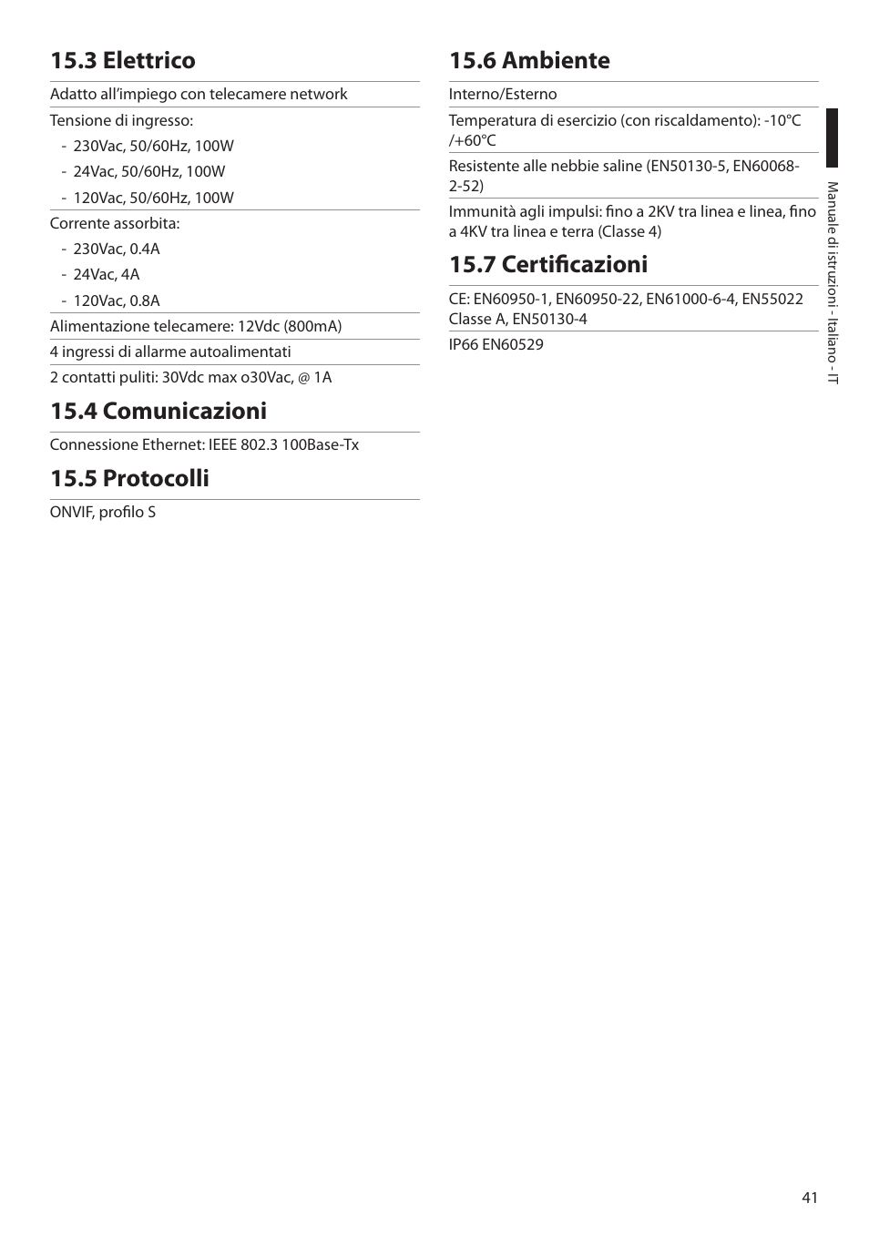 3 elettrico, 4 comunicazioni, 5 protocolli | 6 ambiente, 7 certificazioni | Videotec ULISSE MAXI NETCAM User Manual | Page 87 / 180