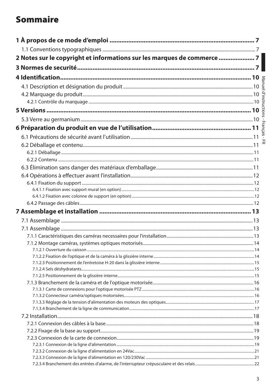 Sommaire, 1 à propos de ce mode d’emploi, 5 versions | 6 préparation du produit en vue de l’utilisation, 7 assemblage et installation | Videotec ULISSE MAXI NETCAM User Manual | Page 93 / 180