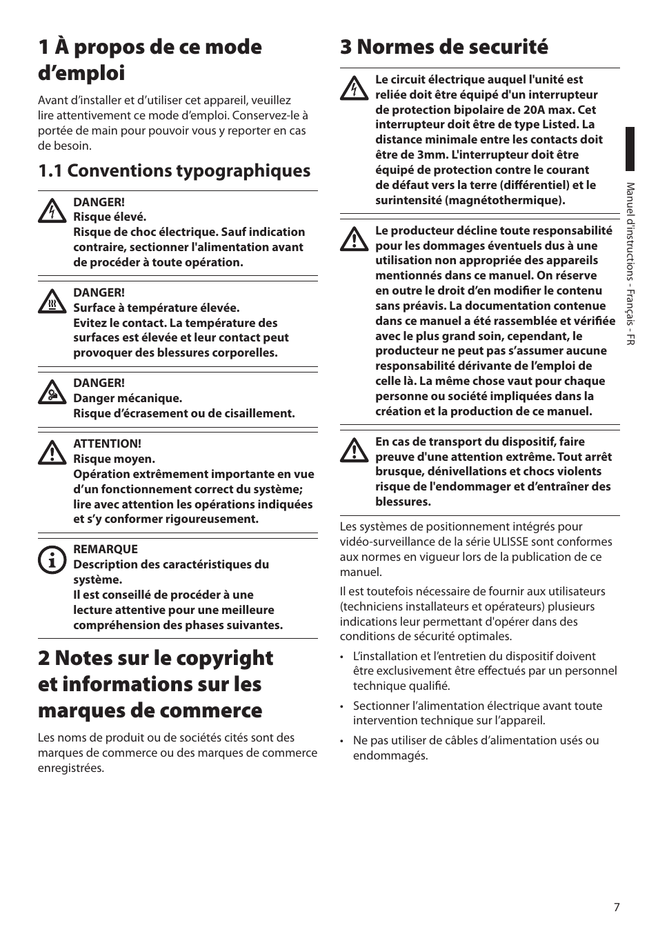 1 à propos de ce mode d’emploi, 1 conventions typographiques, 3 normes de securité | Videotec ULISSE MAXI NETCAM User Manual | Page 97 / 180