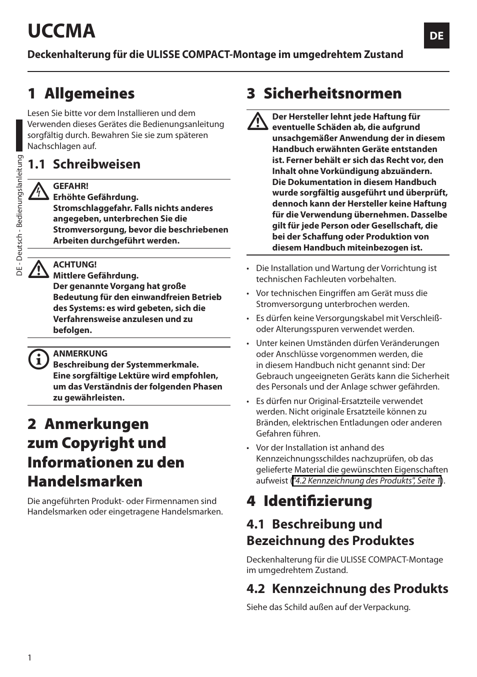 Deutsch, 1 allgemeines, 1 schreibweisen | 3 sicherheitsnormen, 4 identifizierung, 1 beschreibung und bezeichnung des produktes, 2 kennzeichnung des produkts, Uccma | Videotec Halterungen User Manual | Page 24 / 32