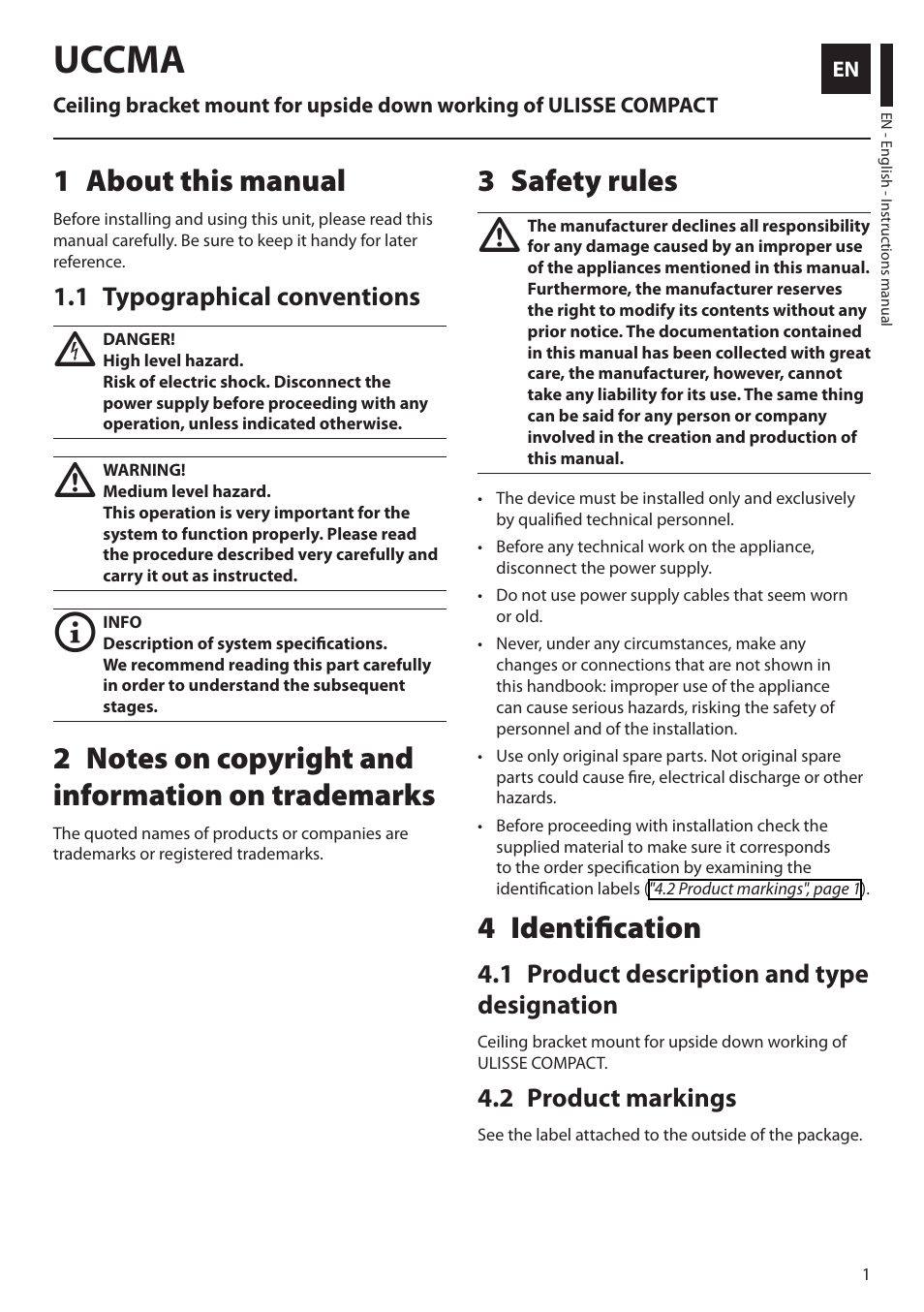 English, 1 about this manual, 1 typographical conventions | 2 notes on copyright and information on trademarks, 3 safety rules, 4 identification, 1 product description and type designation, 2 product markings, Uccma | Videotec Halterungen User Manual | Page 3 / 32