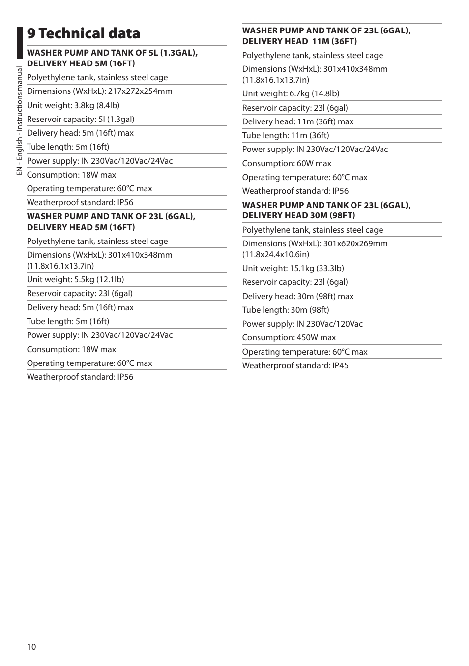 9 technical data | Videotec WASPT User Manual | Page 12 / 52