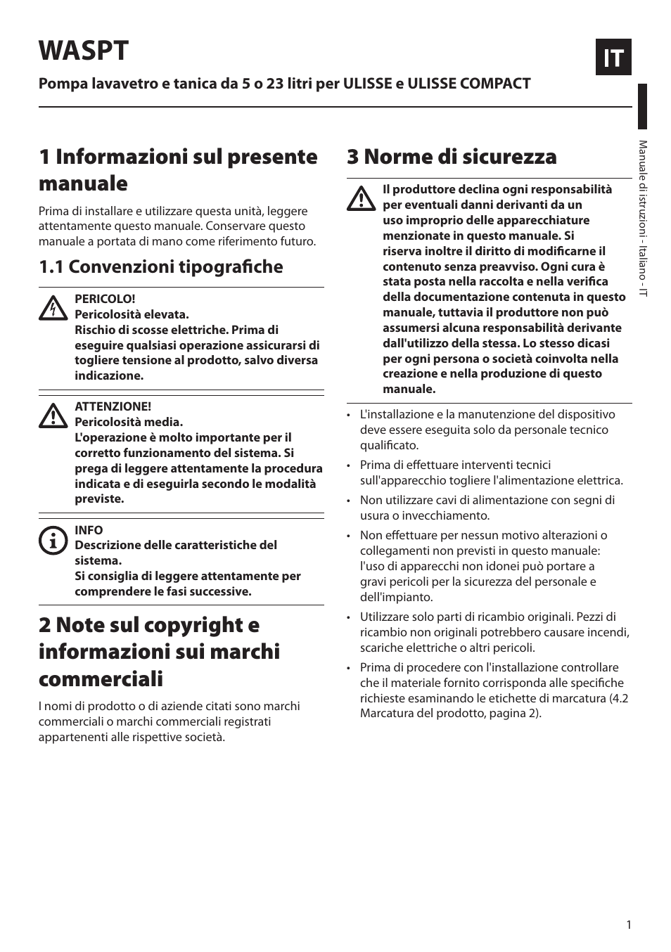 Italiano, 1 informazioni sul presente manuale, 1 convenzioni tipografiche | 3 norme di sicurezza, Waspt | Videotec WASPT User Manual | Page 15 / 52