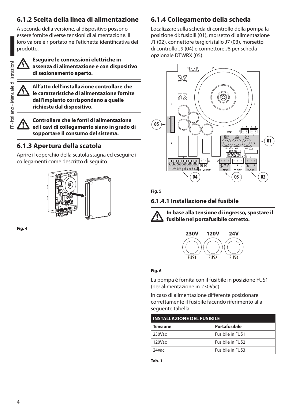 2 scelta della linea di alimentazione, 3 apertura della scatola, 4 collegamento della scheda | 1 installazione del fusibile | Videotec WASPT User Manual | Page 18 / 52