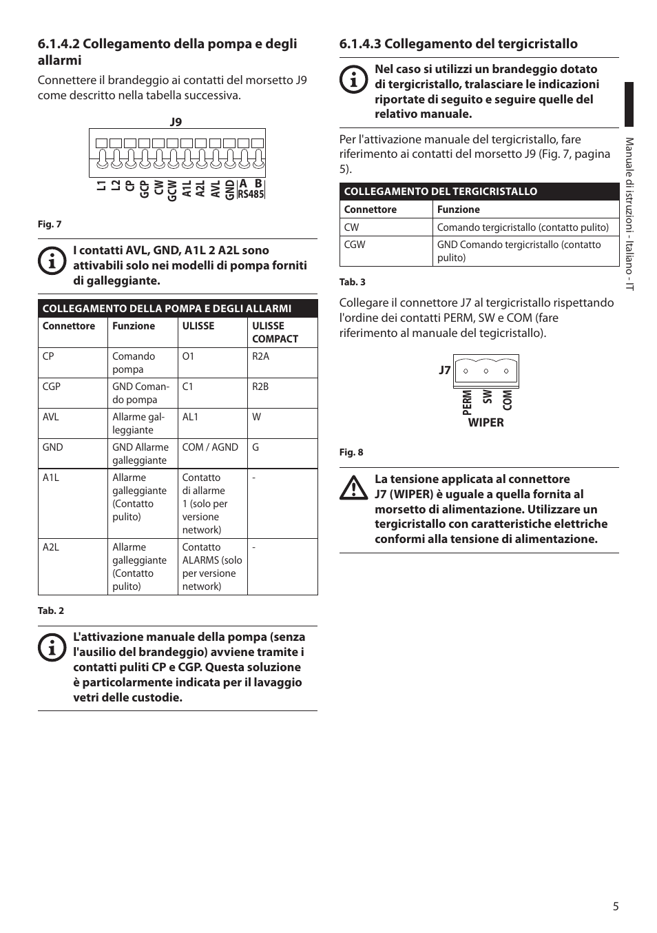 2 collegamento della pompa e degli allarmi, 3 collegamento del tergicristallo | Videotec WASPT User Manual | Page 19 / 52