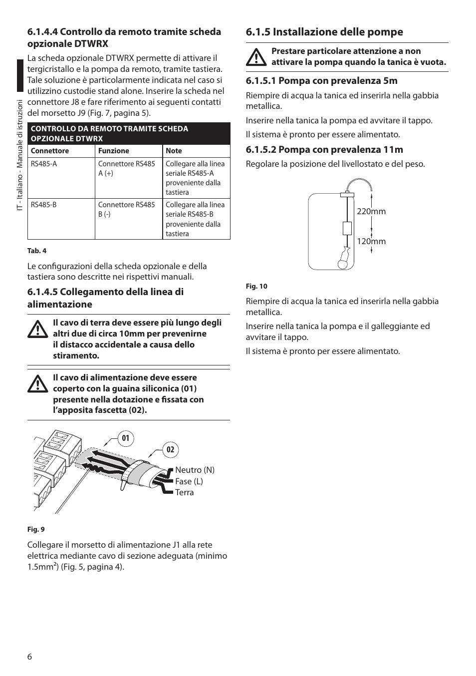 5 collegamento della linea di alimentazione, 5 installazione delle pompe, 1 pompa con prevalenza 5m | 2 pompa con prevalenza 11m | Videotec WASPT User Manual | Page 20 / 52