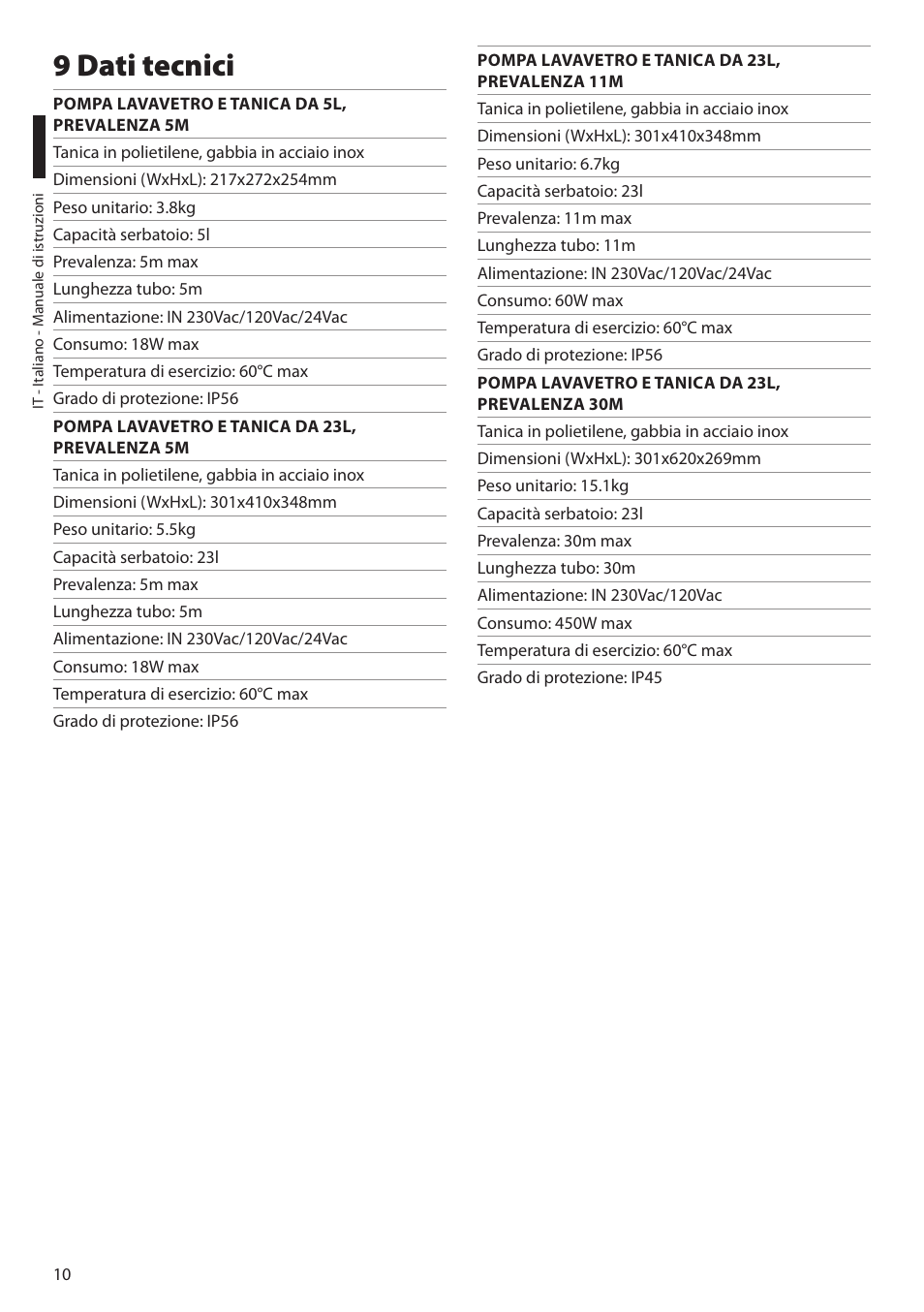 9 dati tecnici | Videotec WASPT User Manual | Page 24 / 52