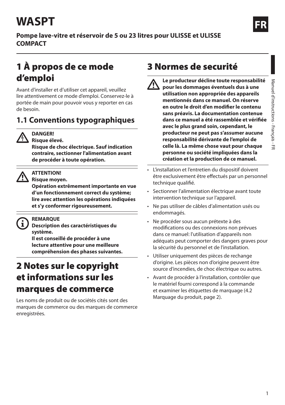 Français, 1 à propos de ce mode d’emploi, 1 conventions typographiques | 3 normes de securité, Waspt | Videotec WASPT User Manual | Page 27 / 52