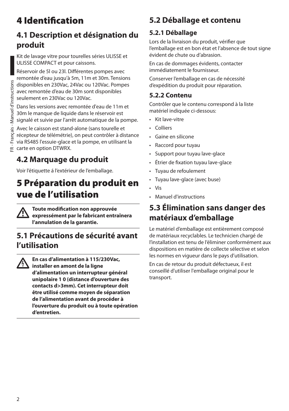 4 identification, 1 description et désignation du produit, 2 marquage du produit | 5 préparation du produit en vue de l’utilisation, 1 précautions de sécurité avant l’utilisation, 2 déballage et contenu, 1 déballage, 2 contenu | Videotec WASPT User Manual | Page 28 / 52