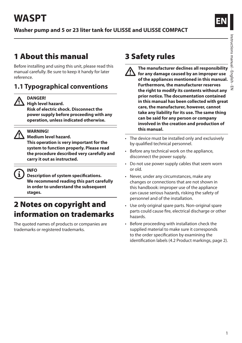 English, 1 about this manual, 1 typographical conventions | 2 notes on copyright and information on trademarks, 3 safety rules, Waspt | Videotec WASPT User Manual | Page 3 / 52