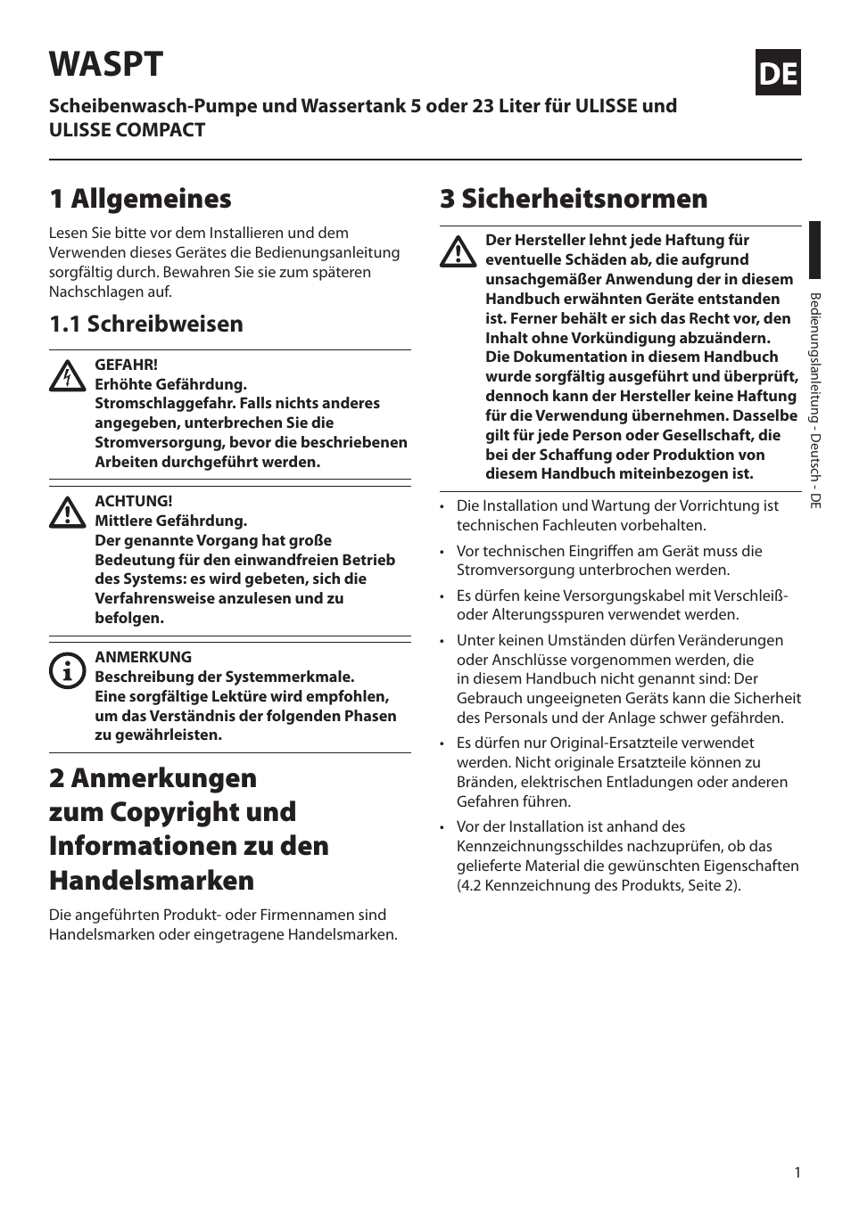 Deutsch, 1 allgemeines, 1 schreibweisen | 3 sicherheitsnormen, Waspt | Videotec WASPT User Manual | Page 39 / 52