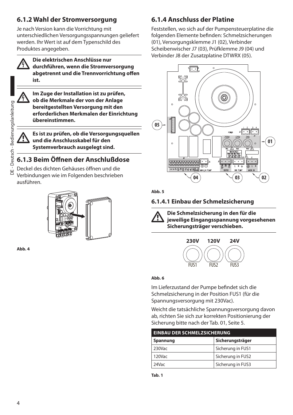 2 wahl der stromversorgung, 3 beim öffnen der anschlußdose, 4 anschluss der platine | 1 einbau der schmelzsicherung | Videotec WASPT User Manual | Page 42 / 52
