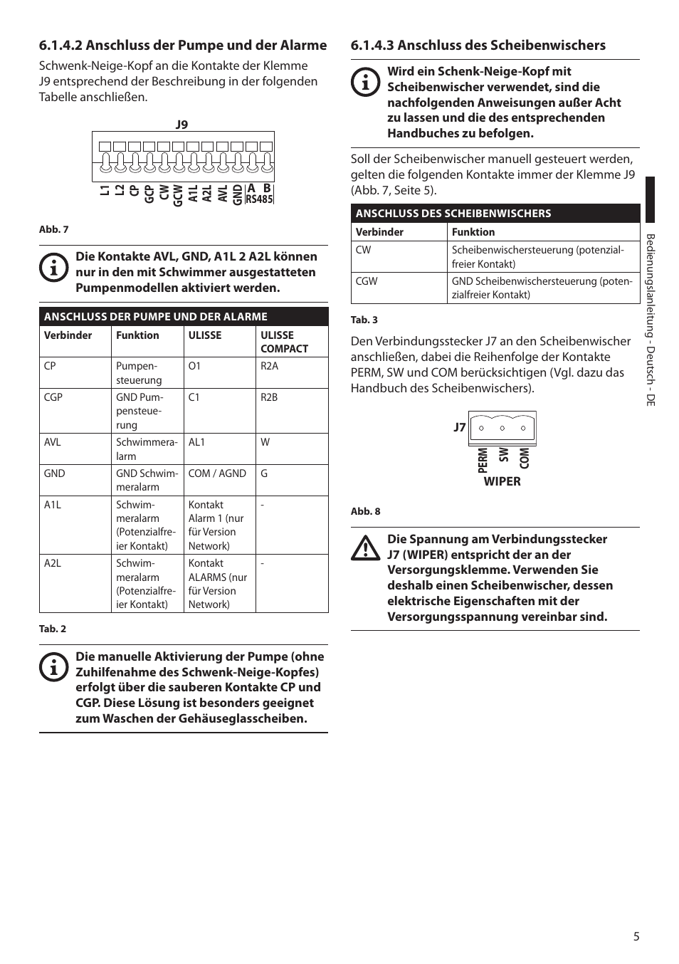 2 anschluss der pumpe und der alarme, 3 anschluss des scheibenwischers | Videotec WASPT User Manual | Page 43 / 52