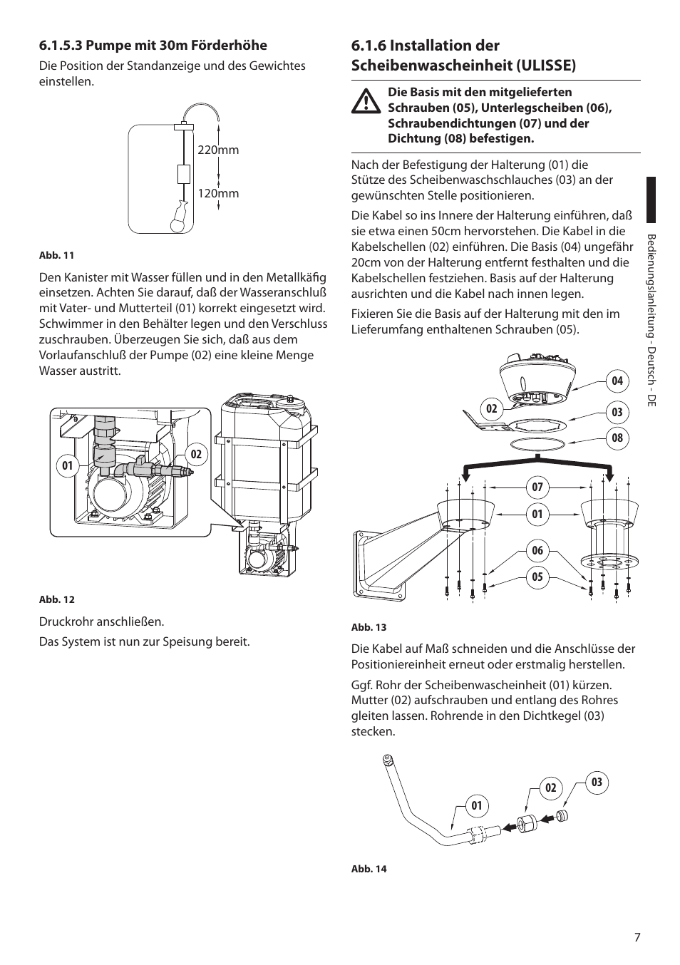 3 pumpe mit 30m förderhöhe, 6 installation der scheibenwascheinheit (ulisse) | Videotec WASPT User Manual | Page 45 / 52