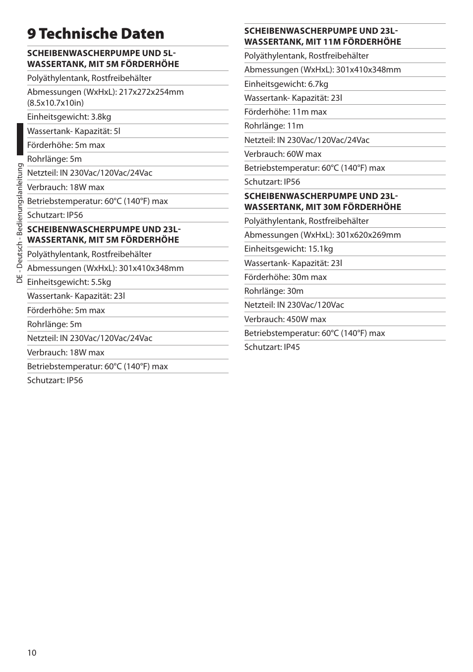 9 technische daten | Videotec WASPT User Manual | Page 48 / 52