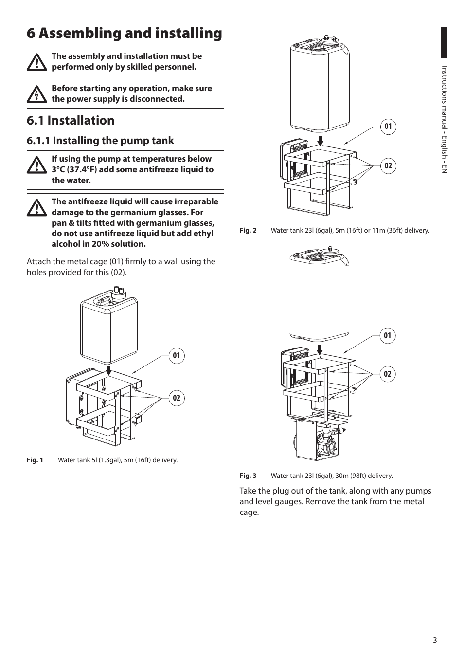 6 assembling and installing, 1 installation, 1 installing the pump tank | Videotec WASPT User Manual | Page 5 / 52