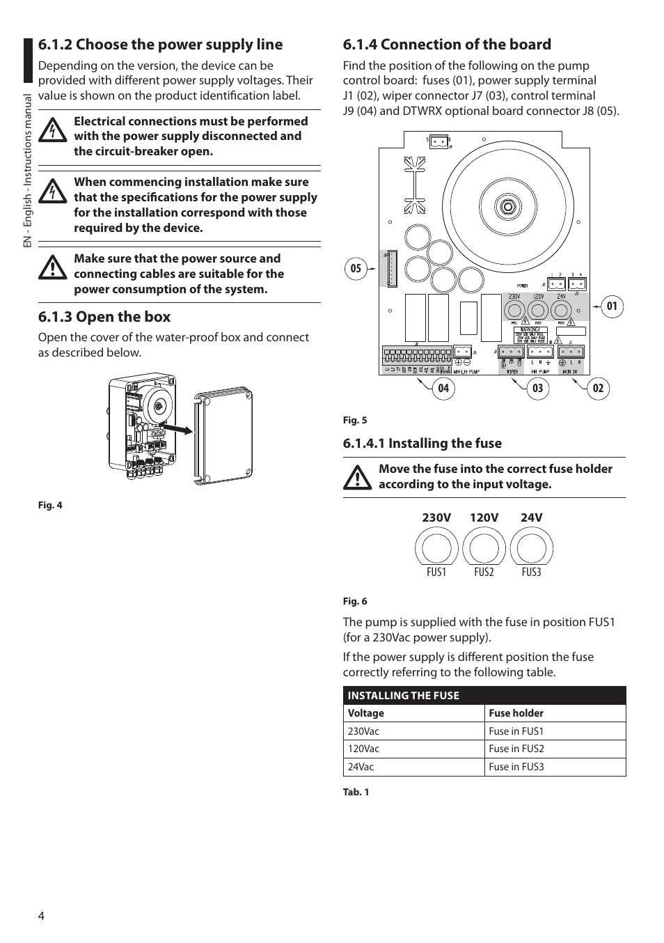 2 choose the power supply line, 3 open the box, 4 connection of the board | 1 installing the fuse | Videotec WASPT User Manual | Page 6 / 52