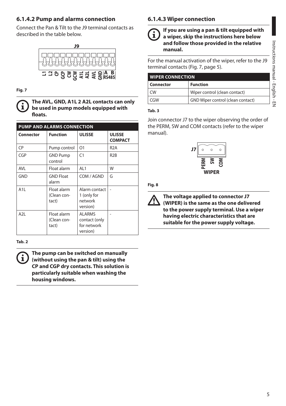 2 pump and alarms connection, 3 wiper connection | Videotec WASPT User Manual | Page 7 / 52