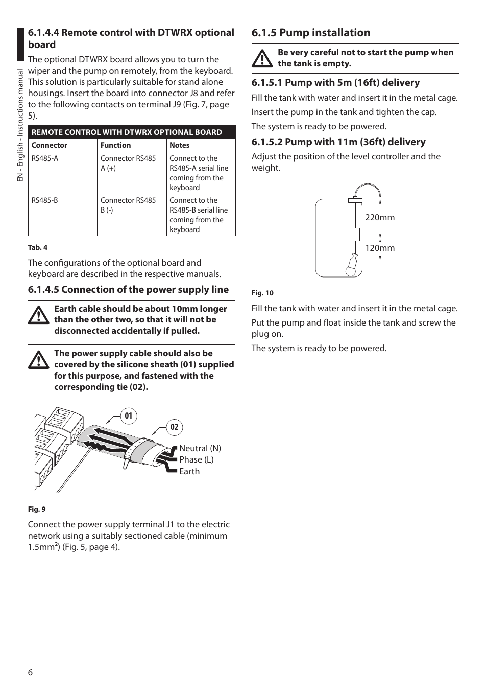 4 remote control with dtwrx optional board, 5 connection of the power supply line, 5 pump installation | 1 pump with 5m (16ft) delivery, 2 pump with 11m (36ft) delivery | Videotec WASPT User Manual | Page 8 / 52