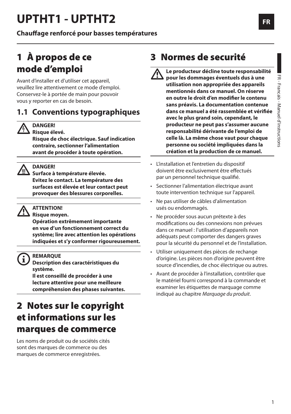 Français, 1 à propos de ce mode d’emploi, 1 conventions typographiques | 3 normes de securité, Uptht1 - uptht2, À propos de ce 1 mode d’emploi, Normes de securité 3 | Videotec UPTHT02 User Manual | Page 11 / 20