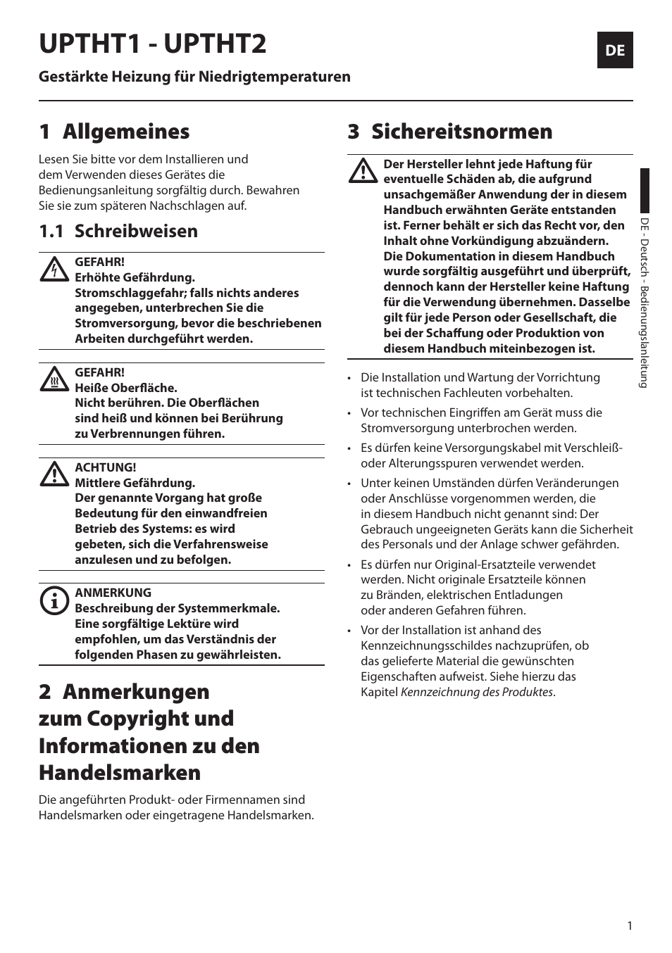 Deutsch, 1 allgemeines, 1 schreibweisen | 3 sichereitsnormen, Uptht1 - uptht2, Allgemeines 1, Sichereitsnormen 3 | Videotec UPTHT02 User Manual | Page 15 / 20