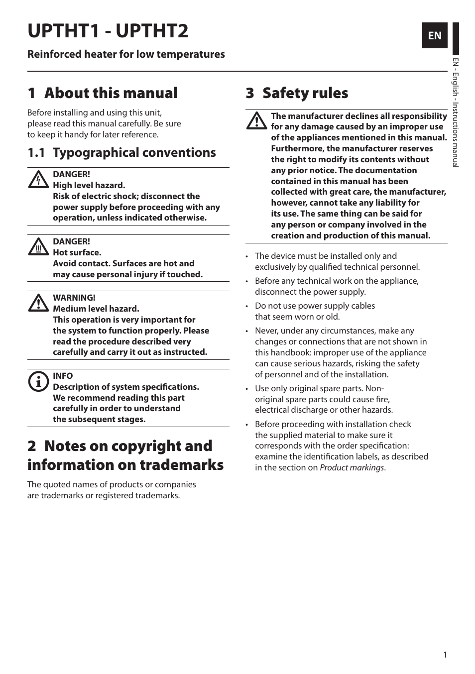 English, 1 about this manual, 1 typographical conventions | 2 notes on copyright and information on trademarks, 3 safety rules, Uptht1 - uptht2, About this manual 1, Safety rules 3 | Videotec UPTHT02 User Manual | Page 3 / 20