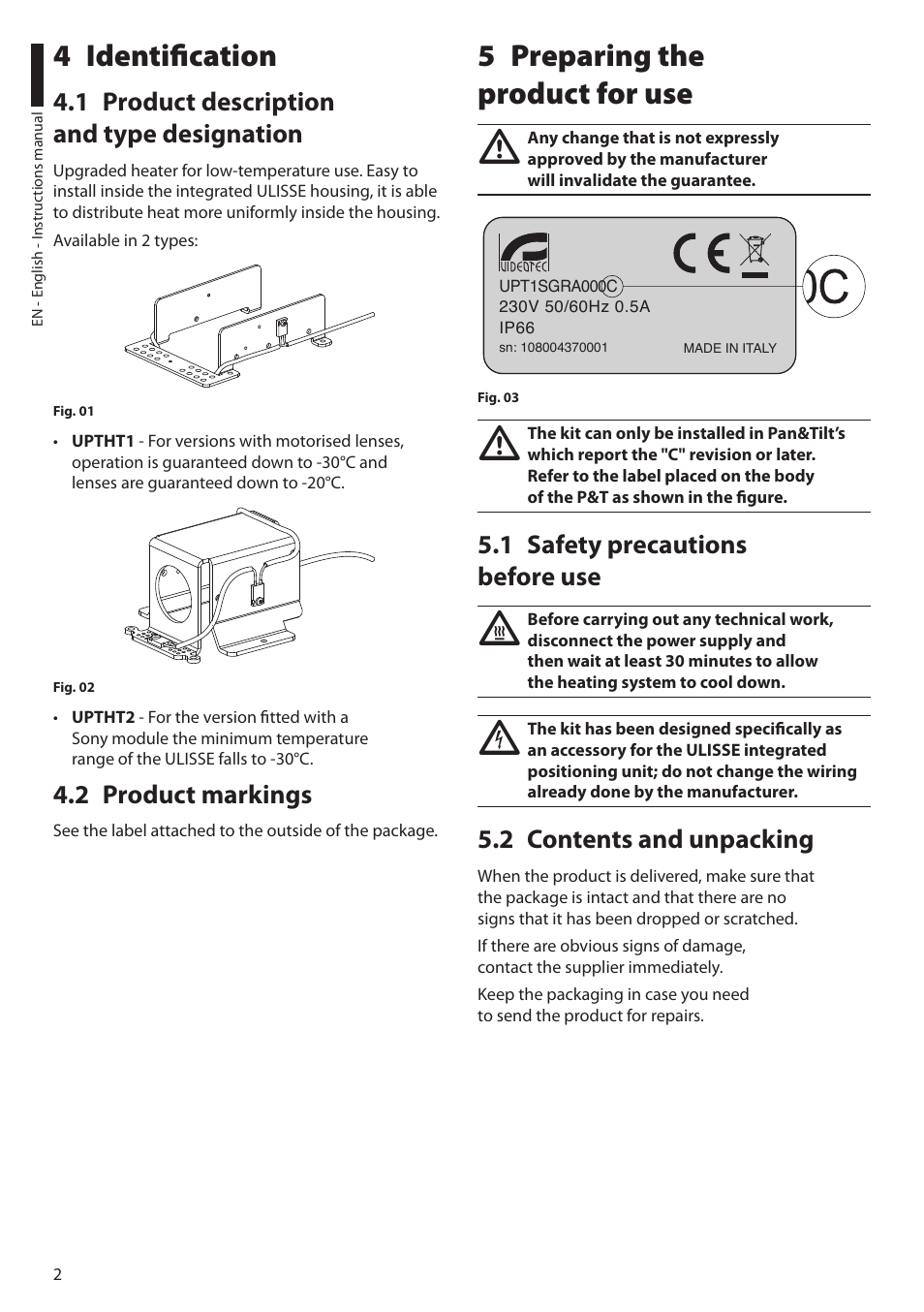 4 identification, 1 product description and type designation, 2 product markings | 5 preparing the product for use, 1 safety precautions before use, 2 contents and unpacking, Preparing the 5 product for use, Identification 4 | Videotec UPTHT02 User Manual | Page 4 / 20
