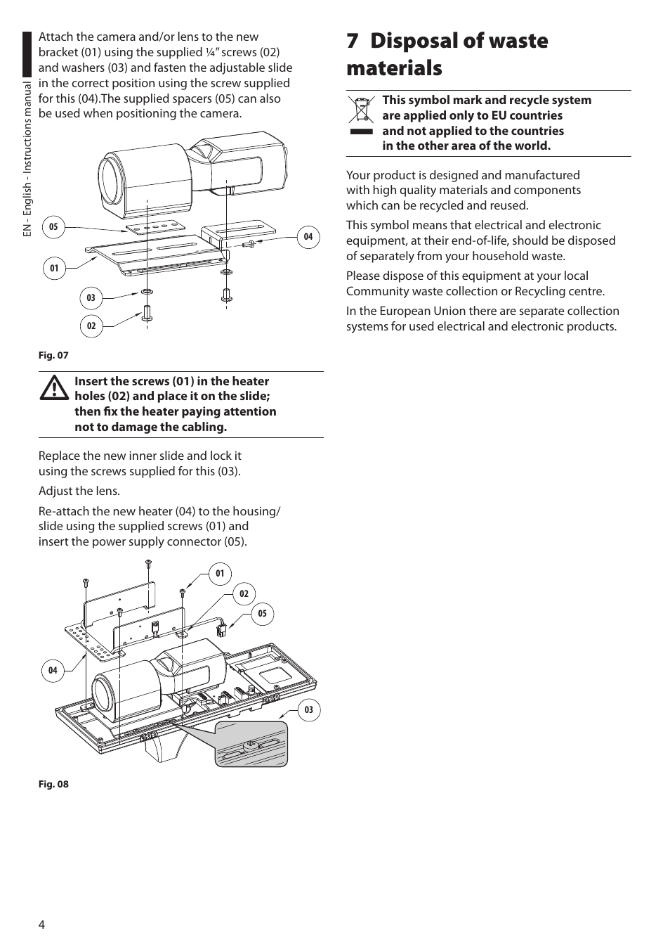 7 disposal of waste materials, Disposal of waste 7 materials | Videotec UPTHT02 User Manual | Page 6 / 20