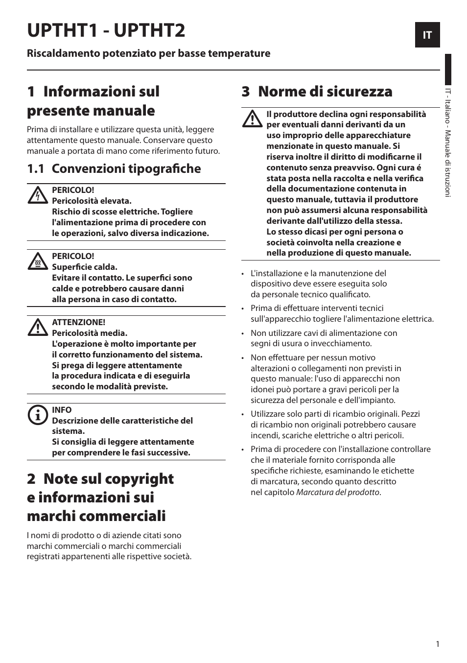 Italiano, 1 informazioni sul presente manuale, 1 convenzioni tipografiche | 3 norme di sicurezza, Uptht1 - uptht2, Informazioni sul 1 presente manuale, Norme di sicurezza 3 | Videotec UPTHT02 User Manual | Page 7 / 20