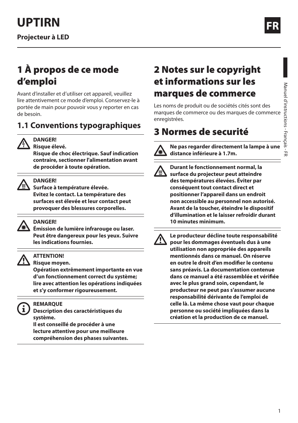 Français, 1 à propos de ce mode d’emploi, 1 conventions typographiques | 3 normes de securité, Uptirn | Videotec UPTIRN User Manual | Page 11 / 20