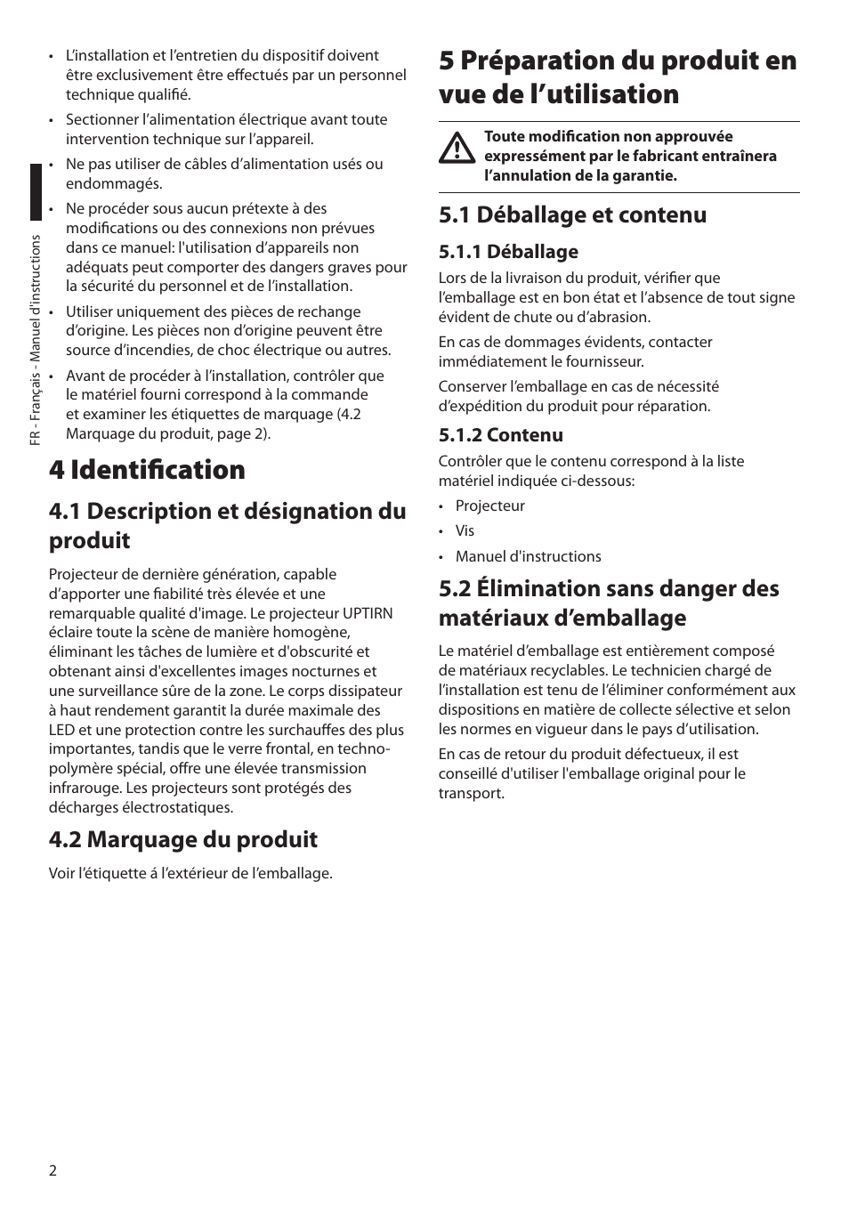 4 identification, 1 description et désignation du produit, 2 marquage du produit | 5 préparation du produit en vue de l’utilisation, 1 déballage et contenu, 1 déballage, 2 contenu | Videotec UPTIRN User Manual | Page 12 / 20