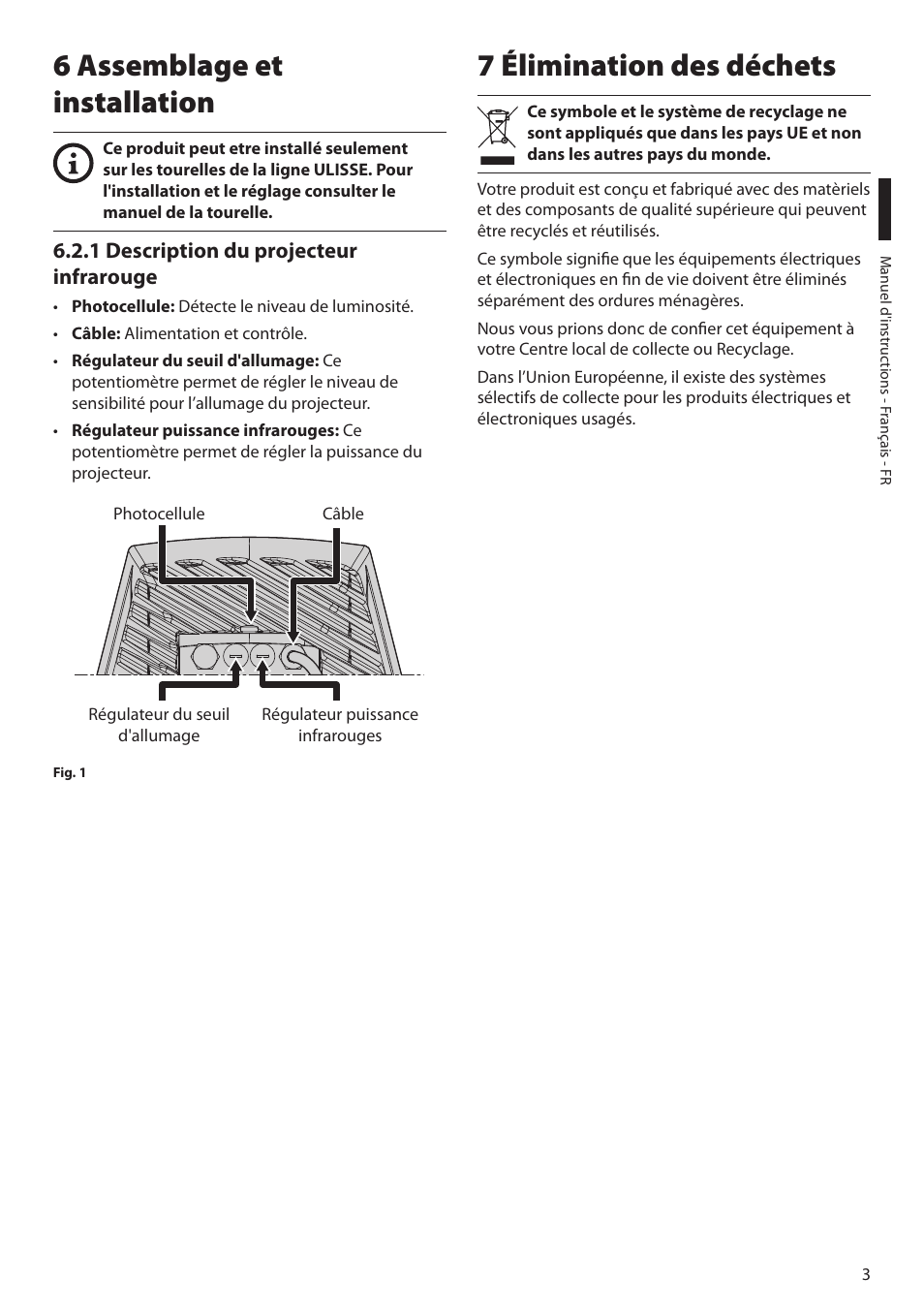 6 assemblage et installation, 1 description du projecteur infrarouge, 7 élimination des déchets | Videotec UPTIRN User Manual | Page 13 / 20