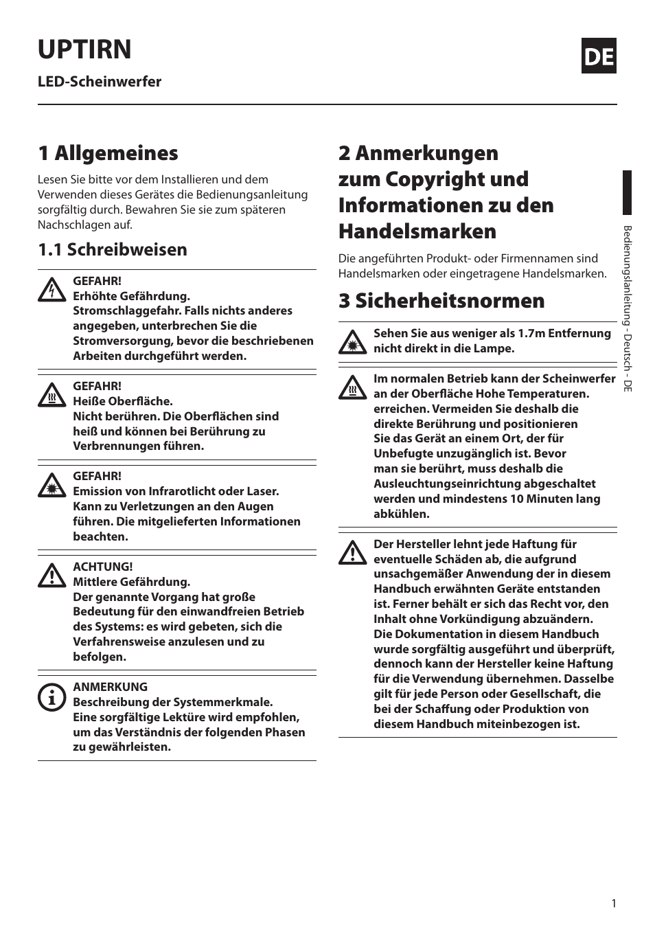 Deutsch, 1 allgemeines, 1 schreibweisen | 3 sicherheitsnormen, Uptirn | Videotec UPTIRN User Manual | Page 15 / 20